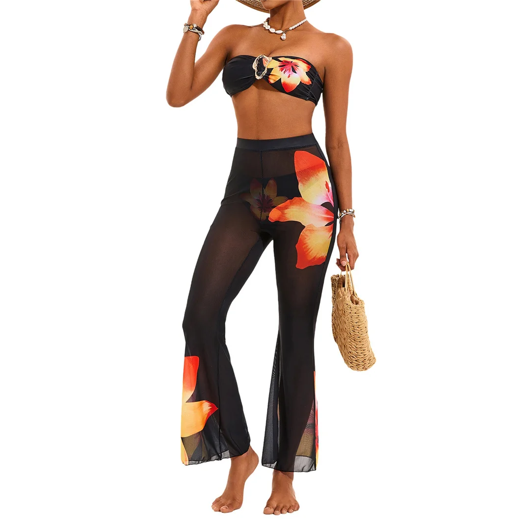 S - XL, mit Hose, Blumenmuster, Bikini, Damen-Badeanzug, dreiteiliges Bikini-Set, Damen-Badebekleidung, Badeanzug, Schwimmanzug V6553 – Detail 2