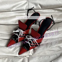 Sexy Belt Buckle Strap Pointy Sandals Women Red Patent Leather Punk Mixed Colors Sandals Female Summer Party Back Strap Shoes