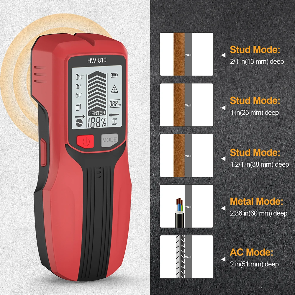 Stud Finder 6 in 1 LCD Display Electric Wall Scanner Sensor High Accuracy Handheld Metal Detector for AC Live Wire Cable Wood
