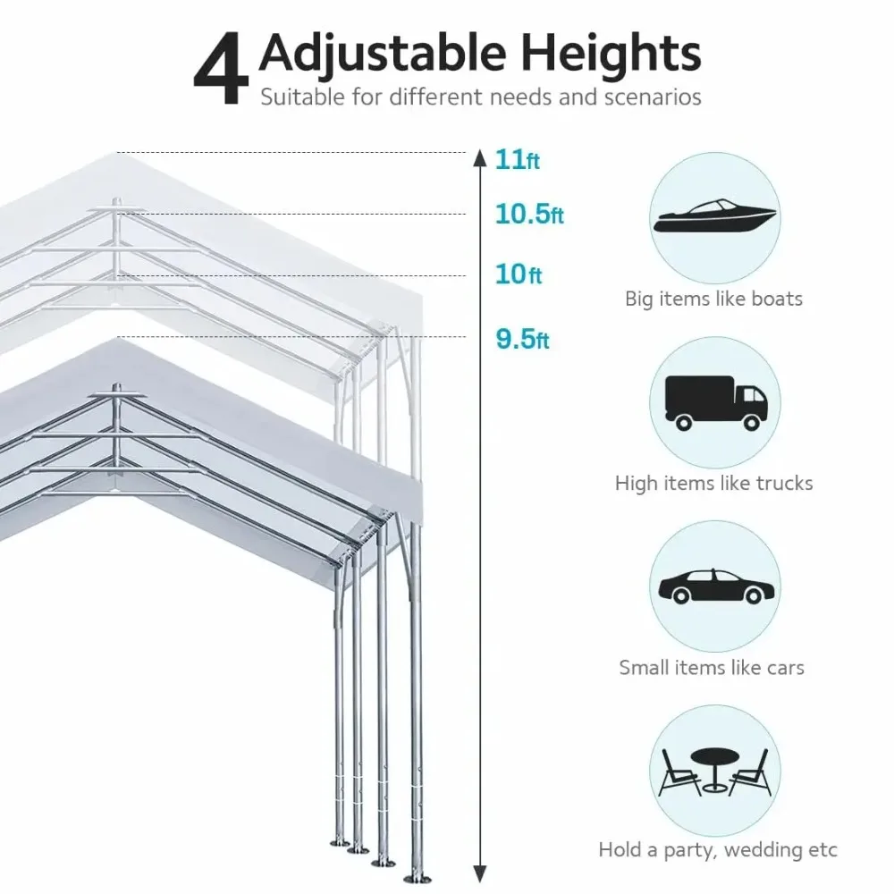 

12x20ft Heavy Duty Carport Portable Garage Party Tent Boat Shelter Adjustable Height 9.5-11ft White, Custom