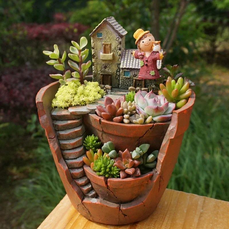 Retro Farmhouse Flower Pot for Succulents Plants, Decorative Planter Mini Bonsai Flowerpot Fairy Garden Home Desktop Decoration