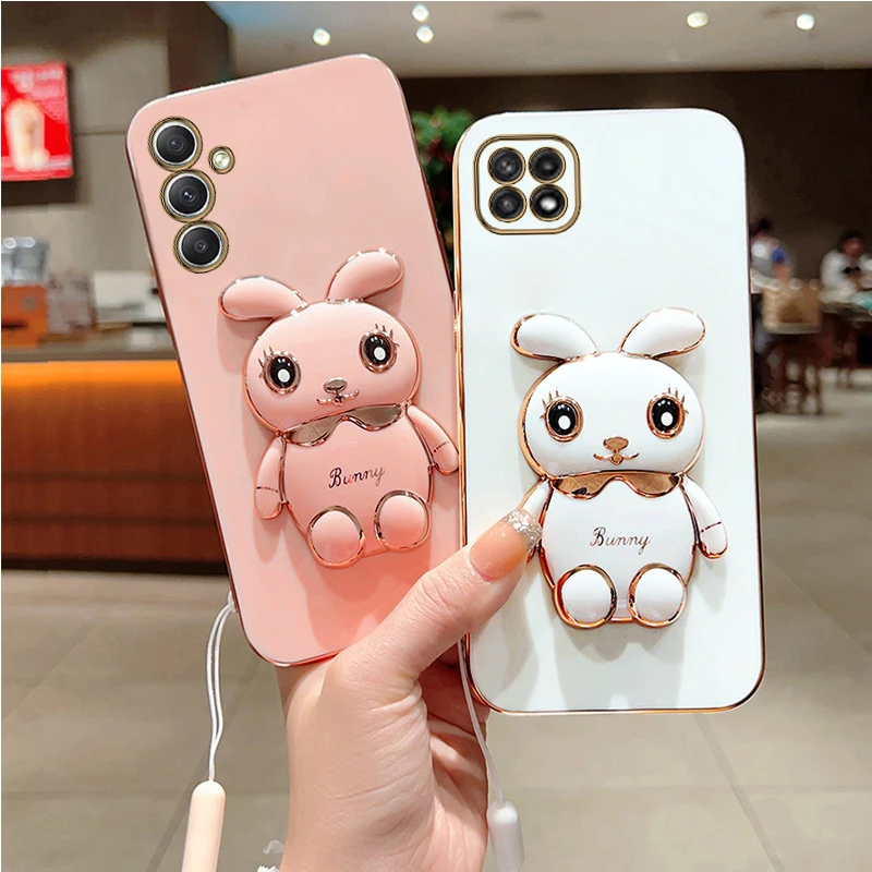 Rabbit Strap Plating Phone Holder Case On For Samsung Galaxy  A05 A05S A14 A54 A04 A34 A24 M14 4G 5G Stand Cover