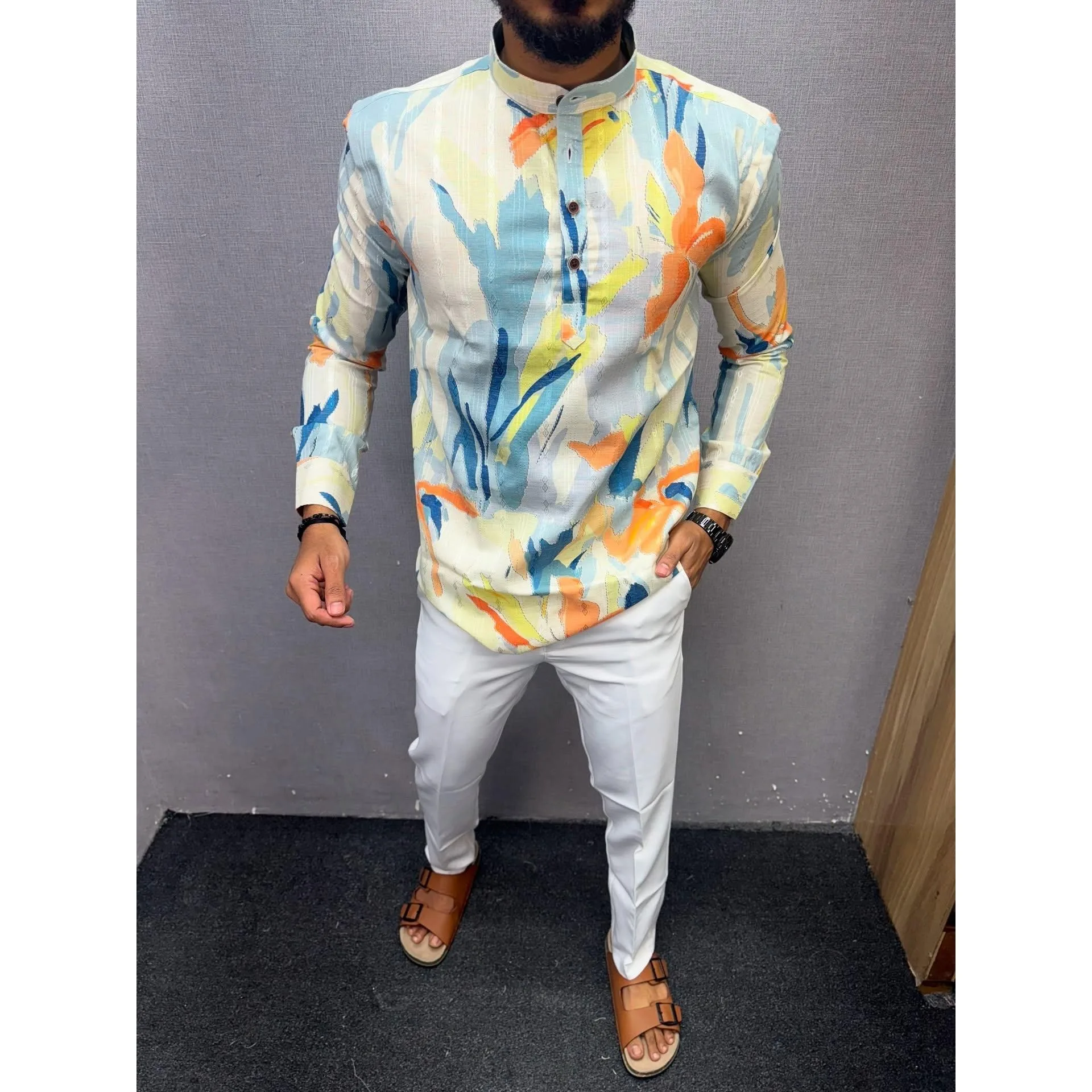 نسخة الشرق الأوسط نمط الشرق الأوسط شخصية إسلامية برونزية بأكمام طويلة قميص مسلم الوطني Ropa Camisas De Hombre #1