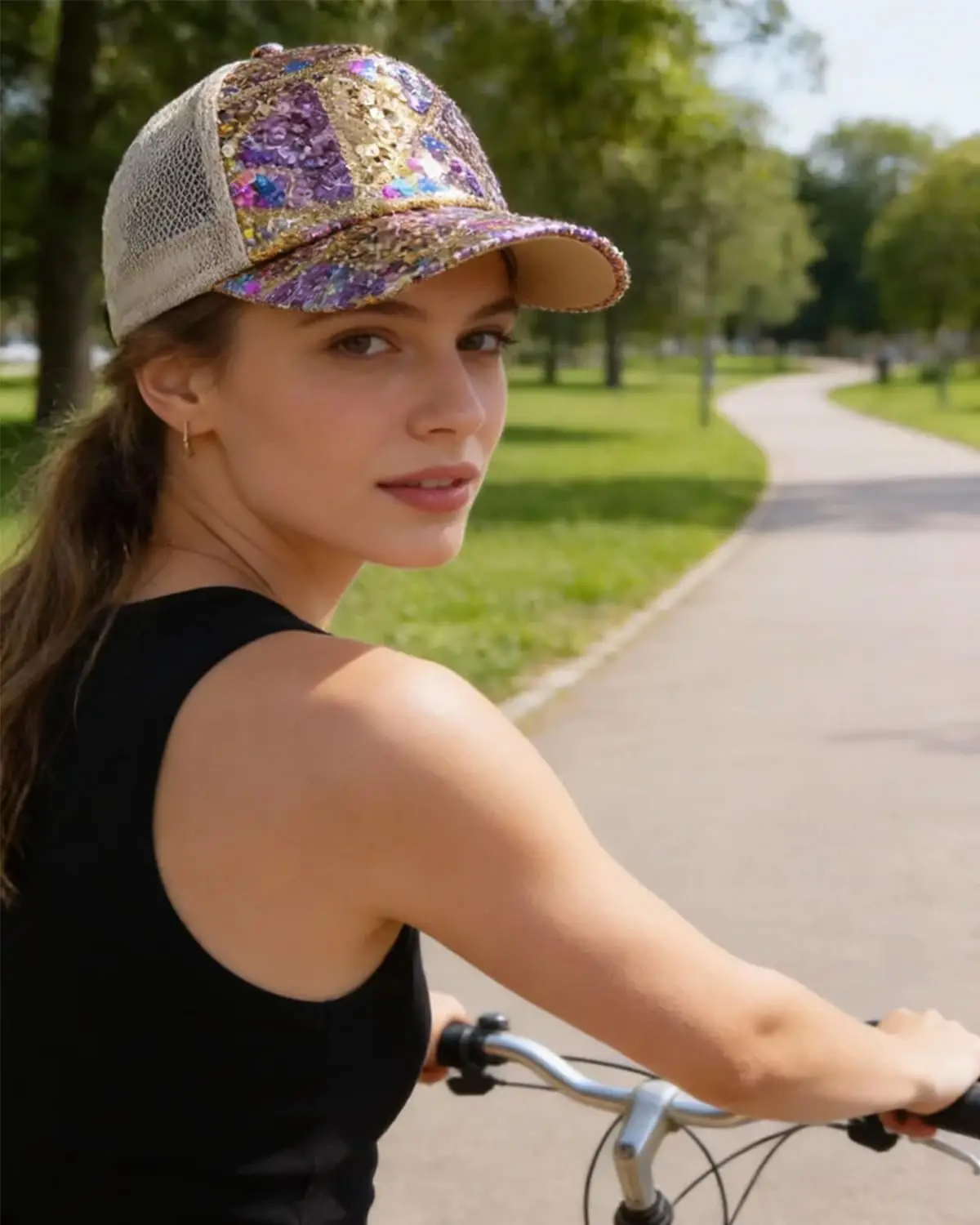 Sequin Ponytail Baseball Cap for Women Girls Velcro Ponycap Adjustable Mesh Trucker Hat