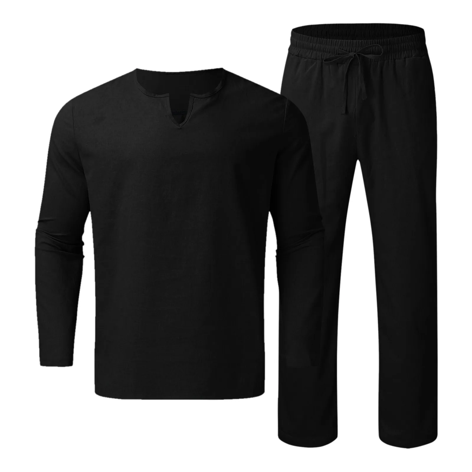 Conjunto de 2 piezas de algodón y lino para hombre, camisa de manga larga con cuello Henley y pantalones largos, ropa informal de playa para correr, Verano