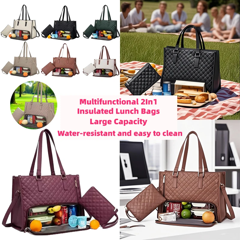

Multi-Function 2-in-1 Lunch Bag with Leak Proof Layer Women Men Insulated/Cooler Handbag Large Capacity Travel Picnic Lunch Box