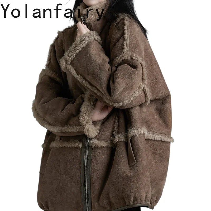 YOLANFAIRY Warm Suede Genuine Sheepskin Shearling Coat Women Mid Long Natural Fur Coats Woman Oversized Loose Fur Jacket Winter