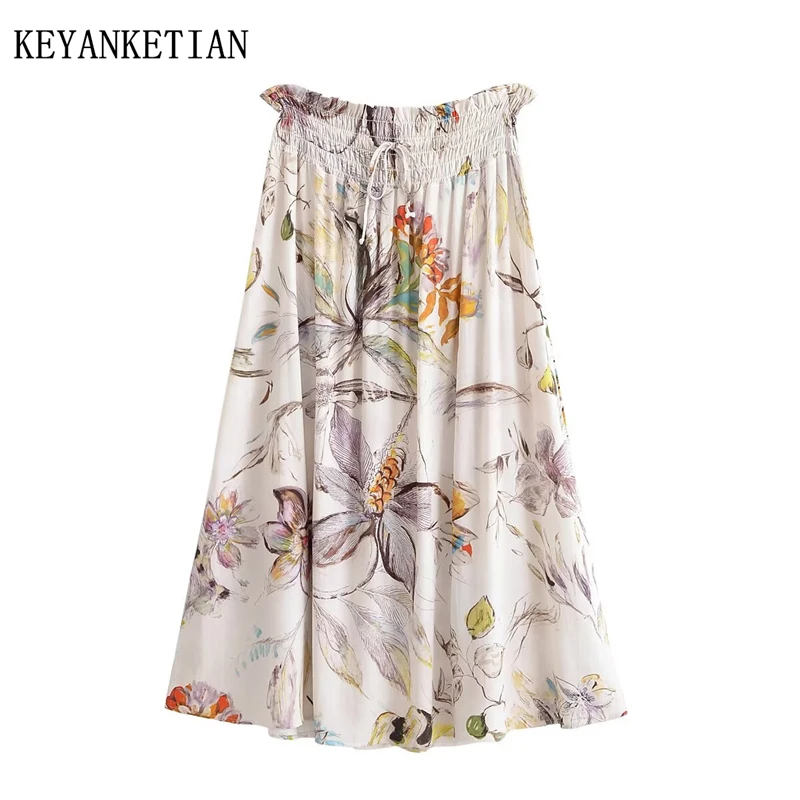 KEYANKETIAN 2025 New Pastoral style Flower Print Viscose MIDI Skirt Drawstring Elastic Waist Women's Rural A Line Long Skirt
