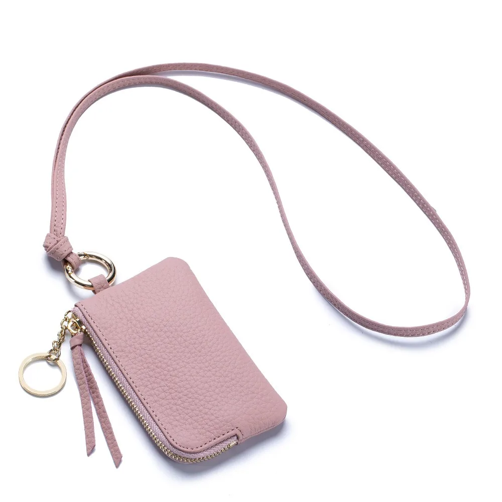 

Earphone Bag Square Hanging Neck Coin Purse Casual Zipper Soft PU Wallet Solid Color with Lanyard Portable Card Holder Women
