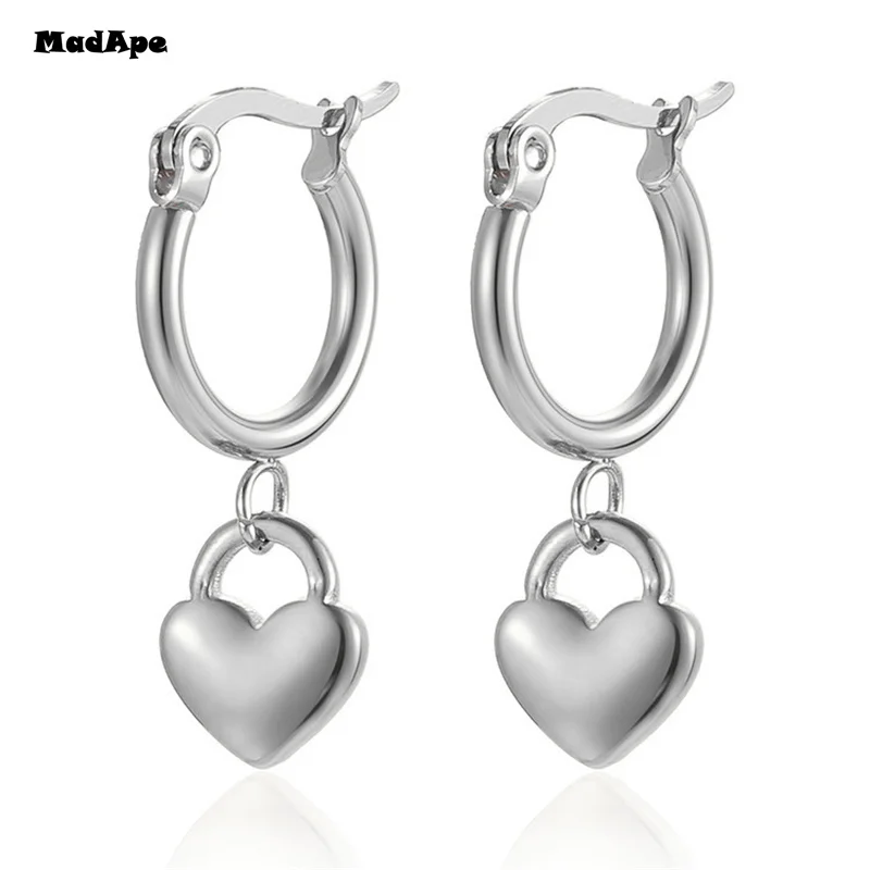 Statement Minimalist Gold Silver Color Solid Heart Pendant Hoop Earrings Street Style Korean Fashion Jewelry