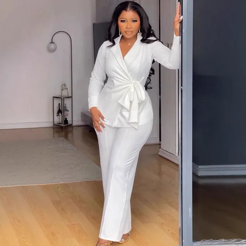 Elegant White Formal Two Piece Set for Women Matching Sets Office Lady Club Business Bandage Ruched Coat and Wide Leg Pant Suits