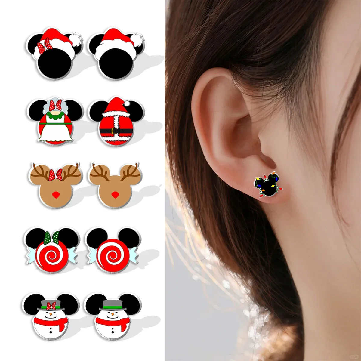 Disney Cartoon Figure Mickey Minnie Head Stud Earring Handmade Epoxy Jewelry Resin Acrylic Earrings  Women Girls Christmas Gifts