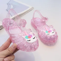 New Child Sandal Cute Girl Boy Beach Cave Shoe Transparent Glitter Jelly Crystal Kid Princes Shoe Breathable Roman Beach Sandal