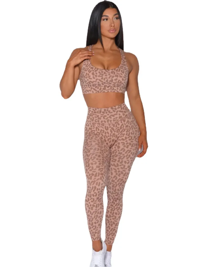 CUTIES 2 Pieces Leopard Yoga Set Women Sports Bra Leggings Fitness Suits Ladies Gym Workout Outfits Pilates Clothes Sportswear