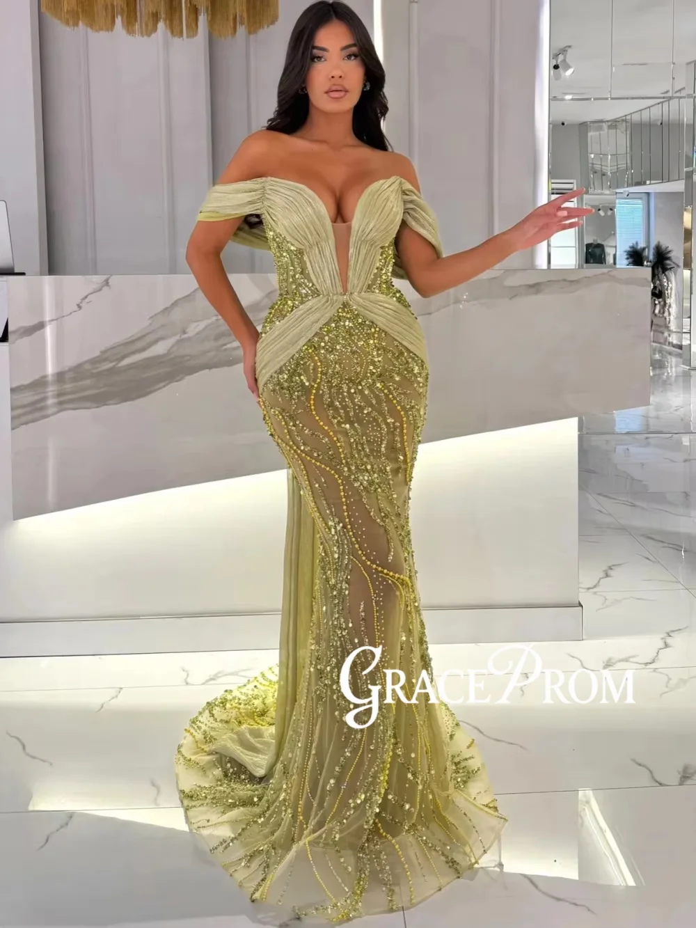 

Light Green Beaded Off Shoulder Evening Dress Vneck Illusion Mermaid Formal Party Gown Customized Luxury Chic Red Carpet Gown