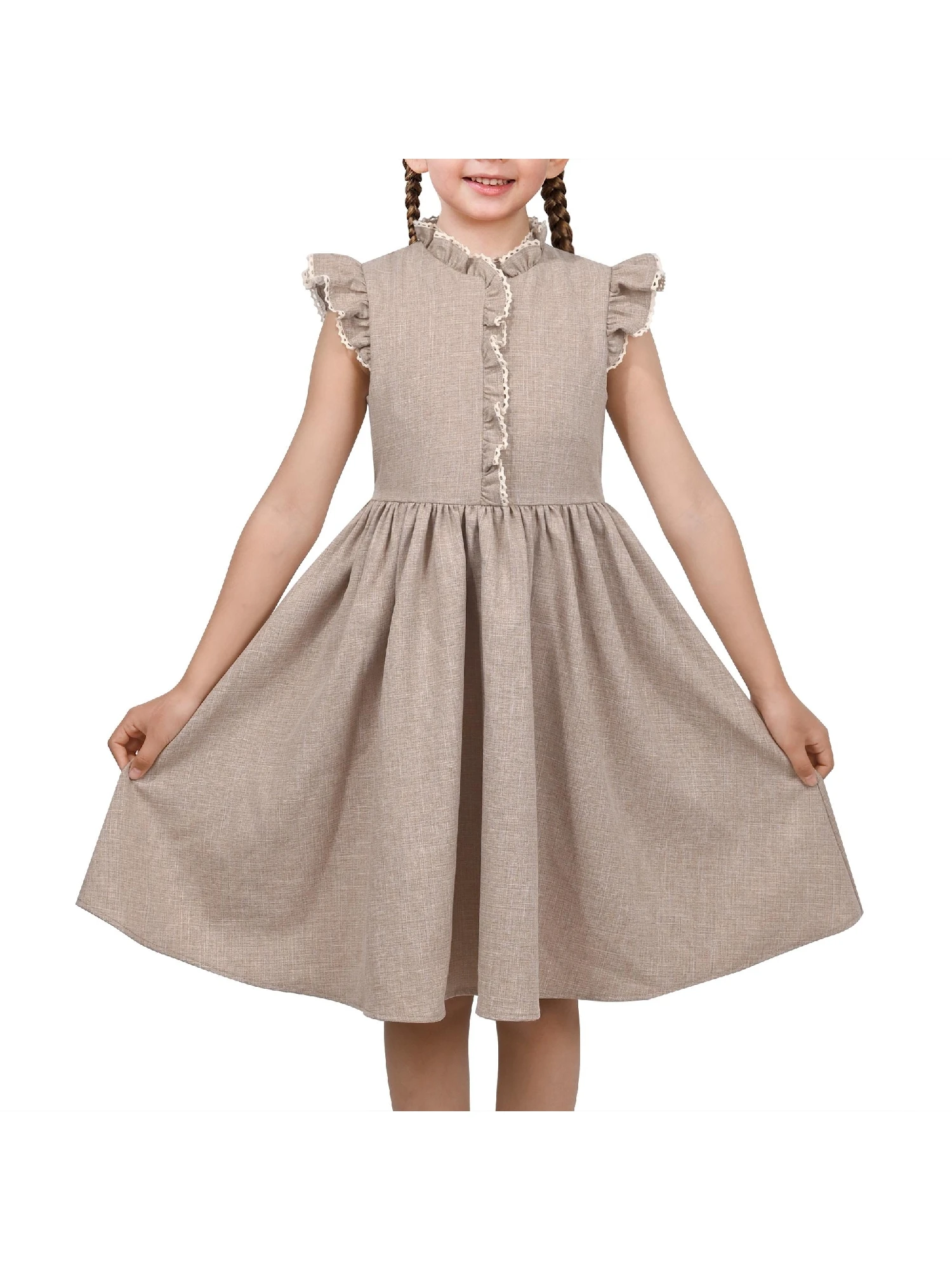 

Sunny Fashion Girls Dress Coffee Solid Lace Trim Cap Sleeve Daily Student Party Cotton