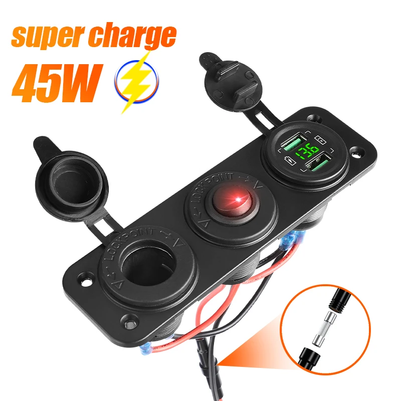 45W Dual USB Car Charger Panel Cigarette Lighter Socket Splitter Voltmeter Independent Switch 12V-24V Vehicles Boat Accessories