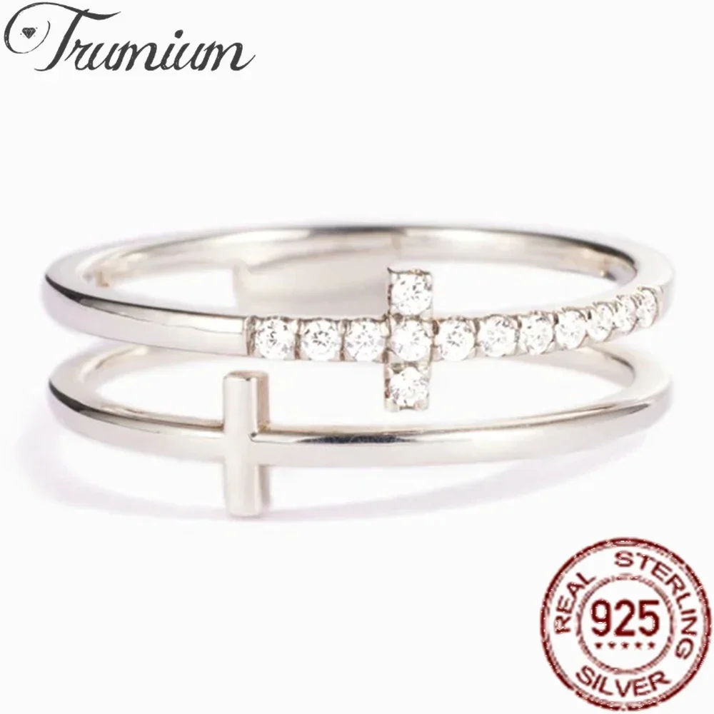 

Trumium 925 Sterling Silver Trendy Minimalist Double Cross Rings For Women Geometric Double Layer CZ Ring Wedding Fine Jewelry