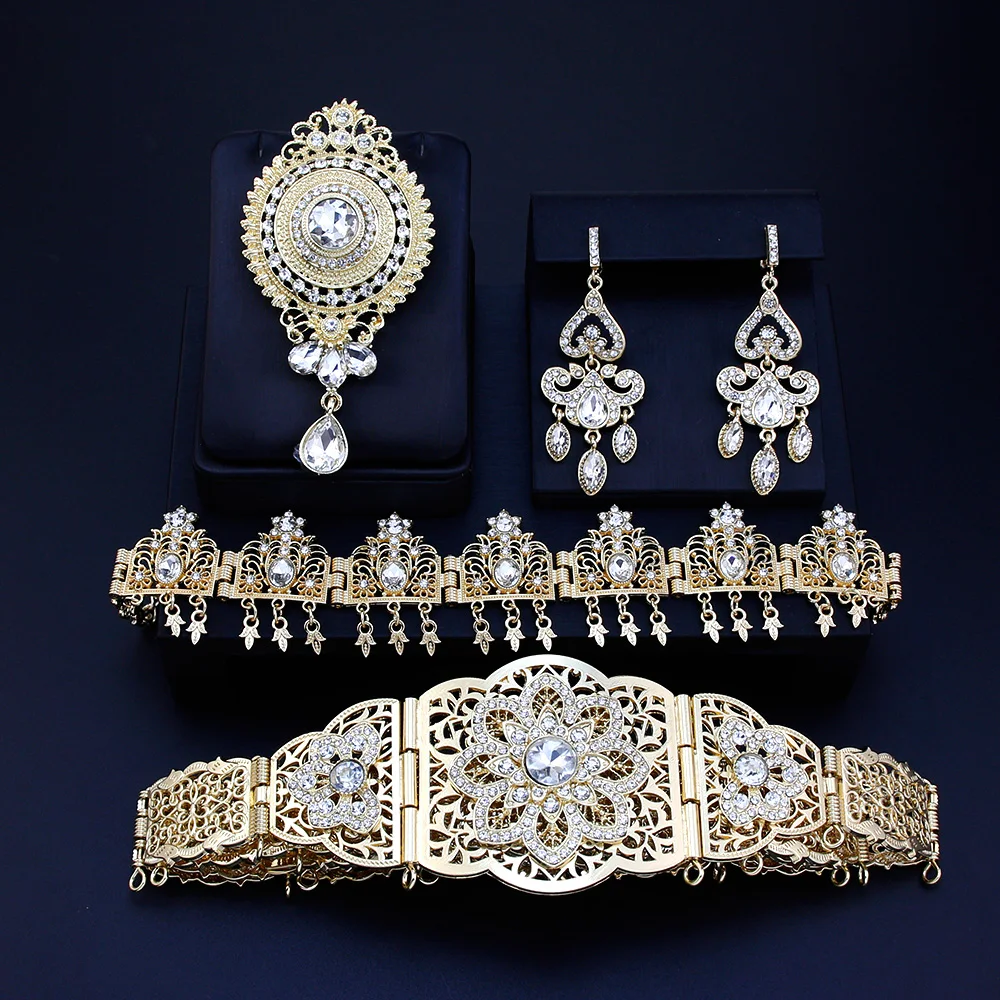 Sunspicems Chic Algeria Bride Jewelry Sets 18K Gold Color Caftan Belt Brooch Earring Hairchain Morocco Women Wedding Bijoux Gift