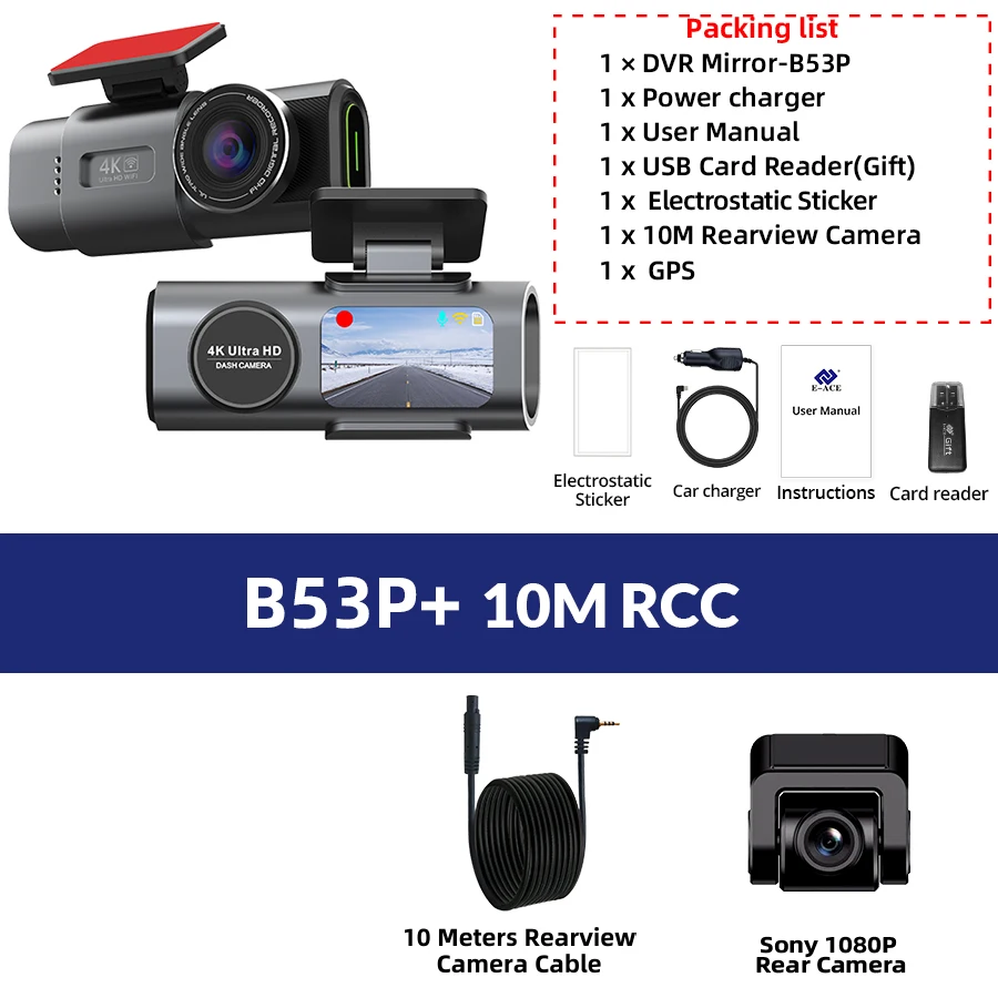 Dash Cam Dual Lens 4K UHD Opname Autocamera DVR Nachtzicht Videorecorder Ondersteuning GPS Wi-Fi Kamer Black Box Achteruitrijcamera