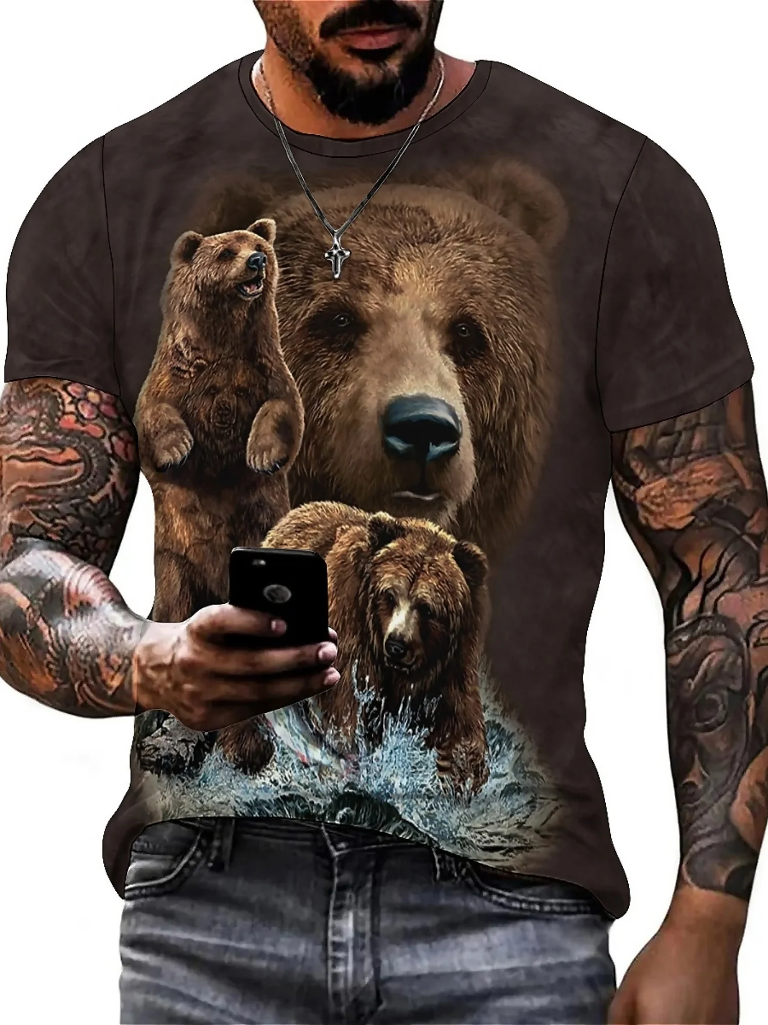 Spring/Summer Men's & Women's 3D Print Bear Graphic T-Shirt - Soft Polyester Fabric, Regular Fit Round Neck Short Sleeve Tee