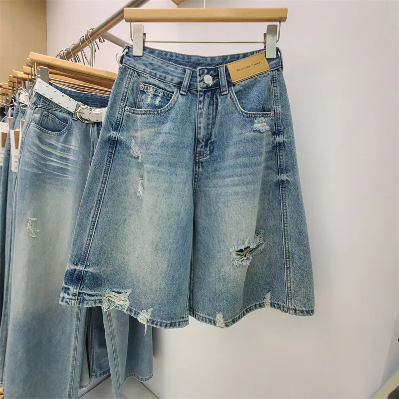 Straight Ripped Denim Shorts for Women 2026 Summer Non Stretchy Loose Wide Leg Five Length Pants Female Casual Shorts