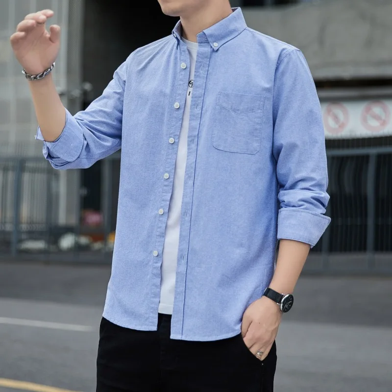 2025 Spring and Autumn Men Long-sleeved Slim Shirts Solid Color Versatile Business Casual Tops Cotton