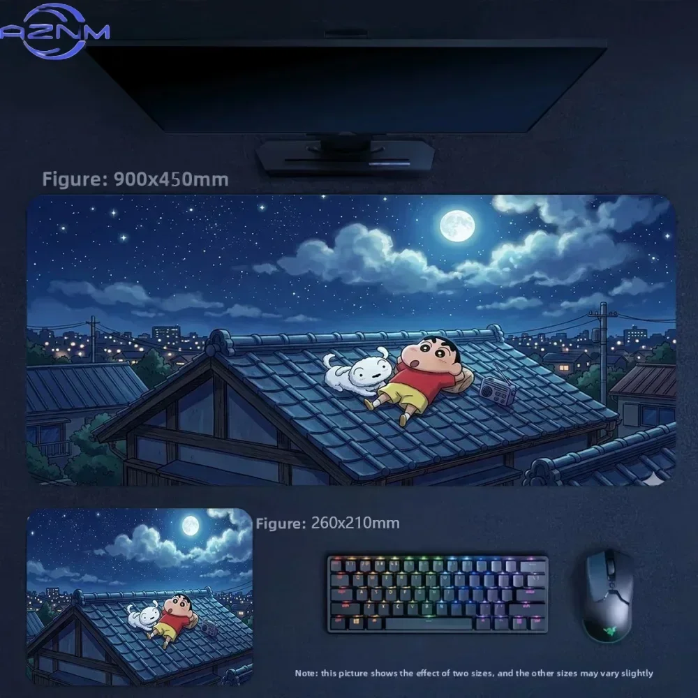 Crayon Shin‑chan and Shiro Rooftop Starry Night Anime Mousepad, Rubber Non‑Slip Large Desk Mat, Dreamy Cartoon Gaming Mouse Pad