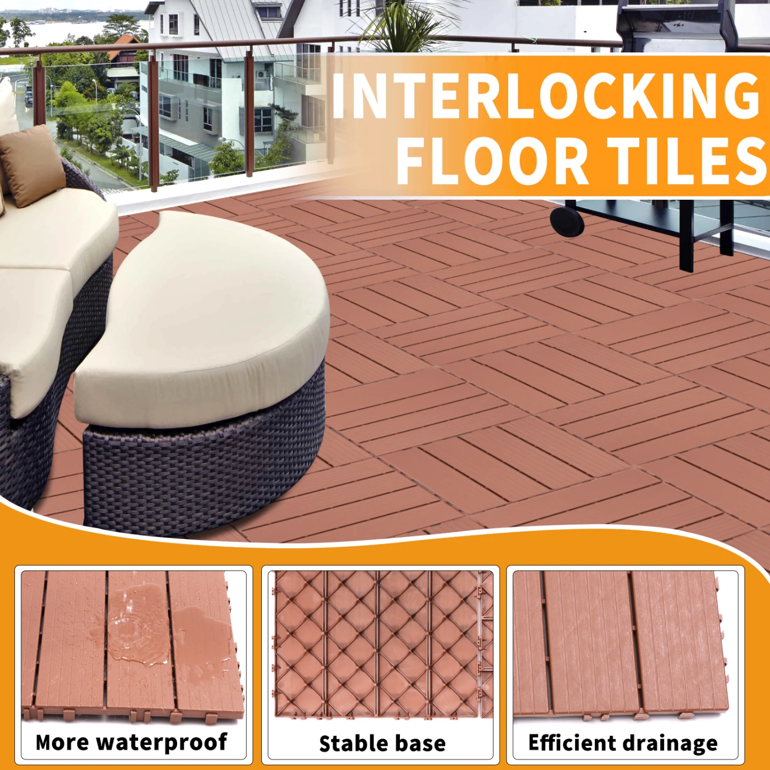 Carreaux de terrasse imbriqués en plastique, 11.8 po x 11.8 po (paquet de 44 ), revêtement de sol extérieur étanche, utilisation par tous les temps pour jardin, bord de la piscine