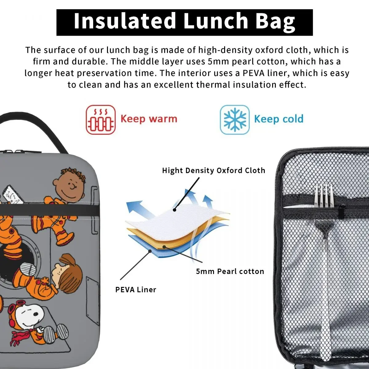 SPACE Peanuts Gang In Space Insulated Lunch Bags Cooler Lunch Container Snoopy Portable Lunch Box Food Handbags Office Picnic