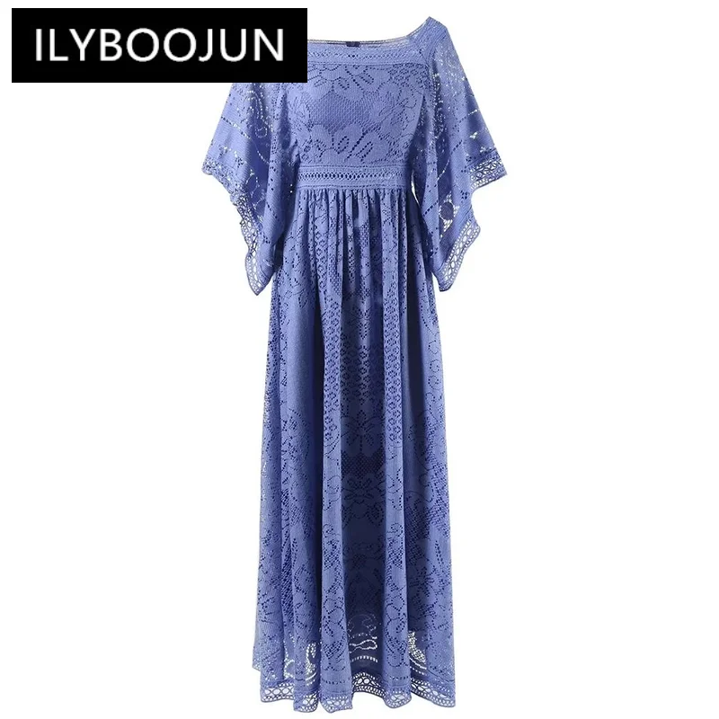 

ILYBOOJUN Fashion Designer Spring Summer Women Lace Long Dress Square Collar Batwing Sleeve Hollow Out Vacation Party Dress