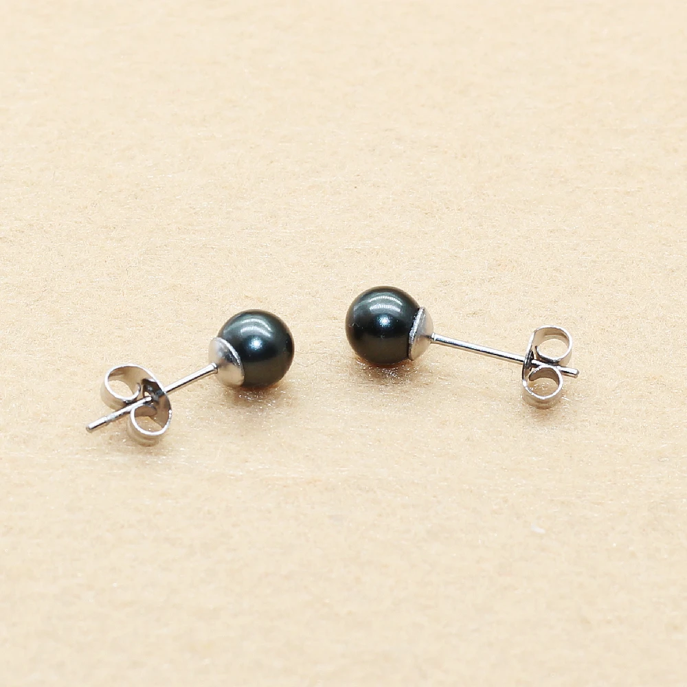 Brief Style Stainless Steel With Nature Shell Beads Black Color Pearls Push-back Stud Earrings 4/6/8/10mm No Fade Allergy Free