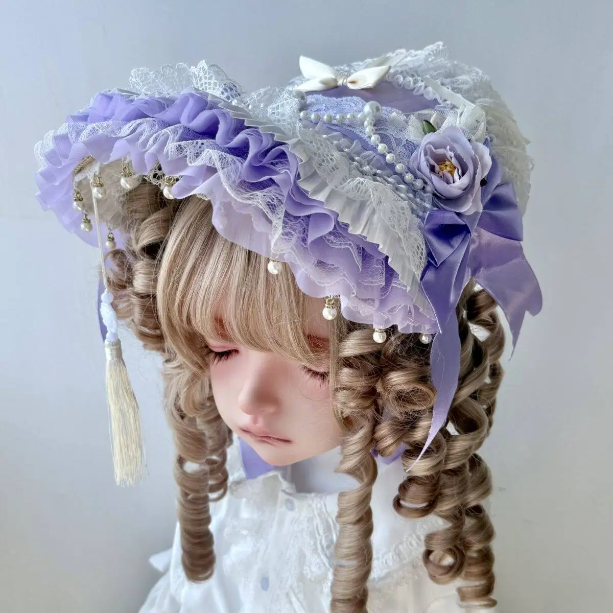 

Lolita Hanyang Eclectic Straw Hat Bnt Lace Flower Bow Flat Hat Bonnet Top Hats Fringed Purple
