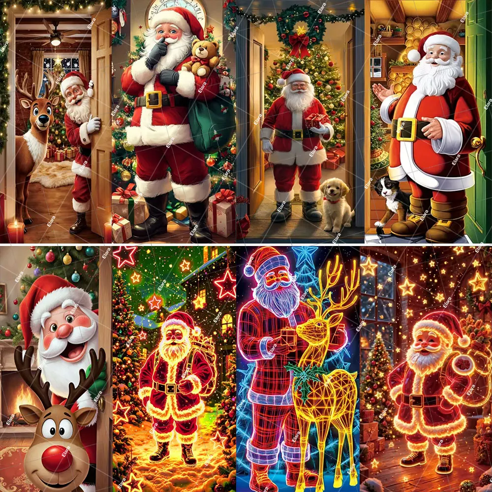 

Santa Claus Christmas Door Cover Banner New Year Christmas Holiday Pary Christmas Santa And Elk Photo Backdrop for Festive Gift