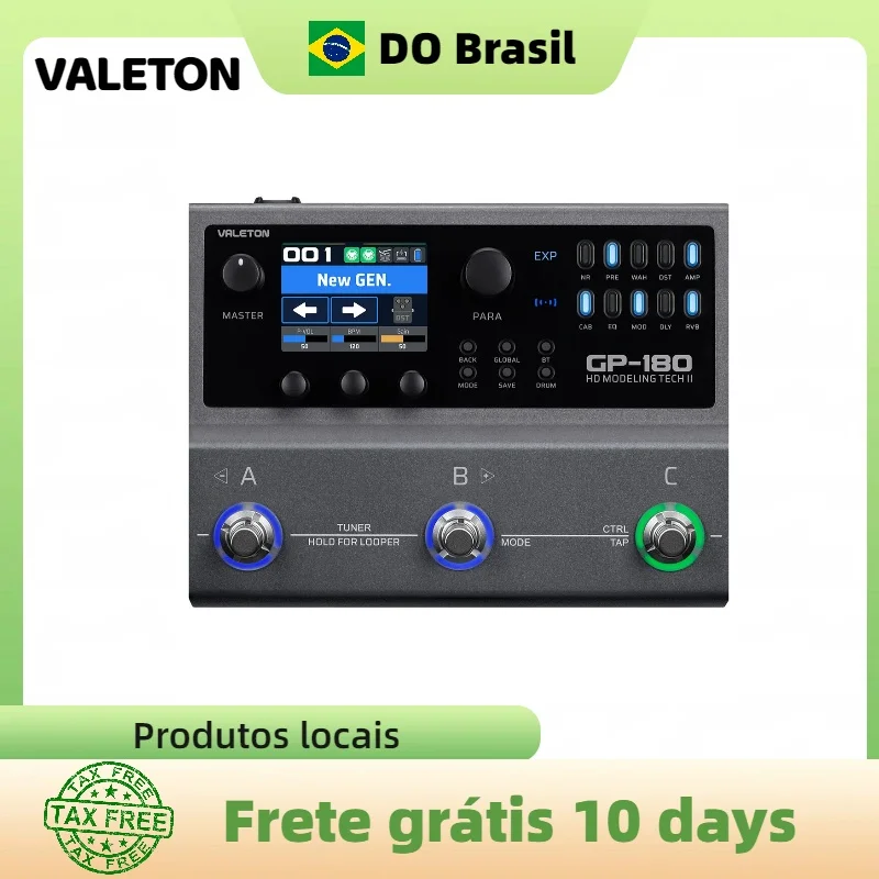 Processador de Efeitos Múltiplos VALETON GP-180 Brasil Inglês para Mesa de Som, 200+ Efeitos de Modelagem HD, Carregamento de IR e Suporte NAM A2