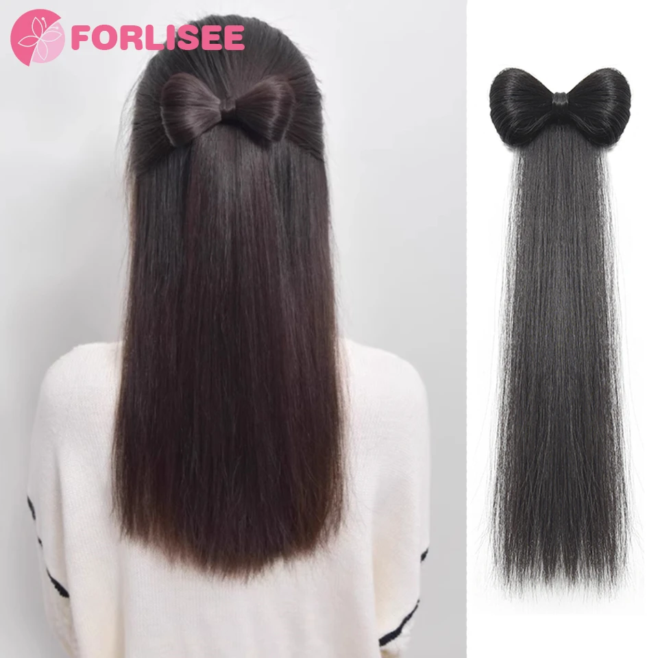 FORLISEE Synthetic Bow Wig Hair Clip Ponytail Straight Hair Half-tied Hair Accessories Natural Grab Clip Low Ponytail