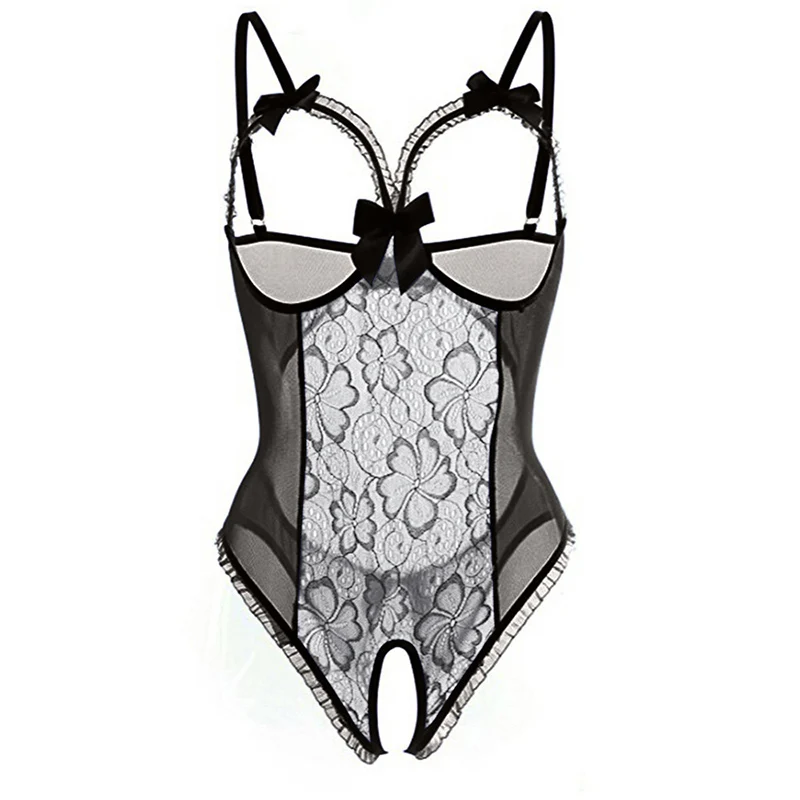 Sexy Lingeries For Woman Hot Night Club Dress Black One Piece Pajamas Crotchless Tight Bodysuit Plus Size Lace Costume Sexi - view 2