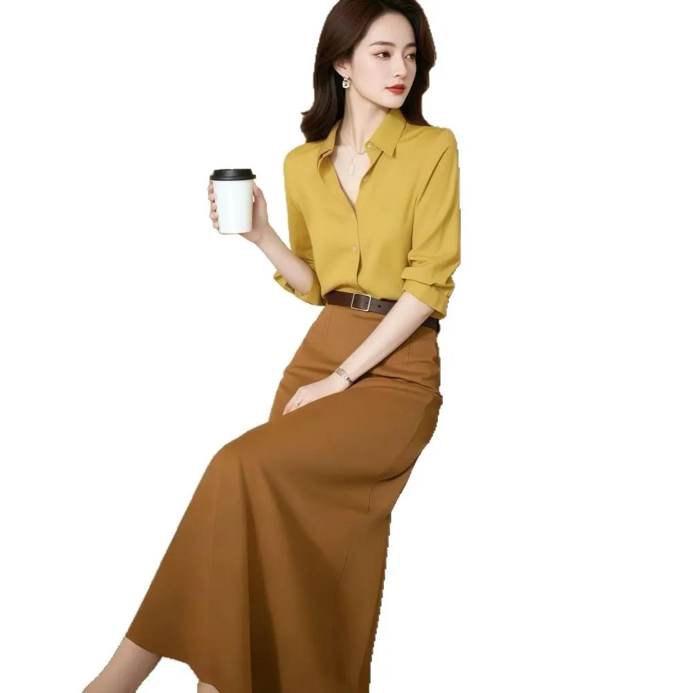

Yellow Shirt And Skirt Set Elegant Ageless Small Fragrance Style High Fashion Long Skirt Polyester Casual Wear Women's Suit