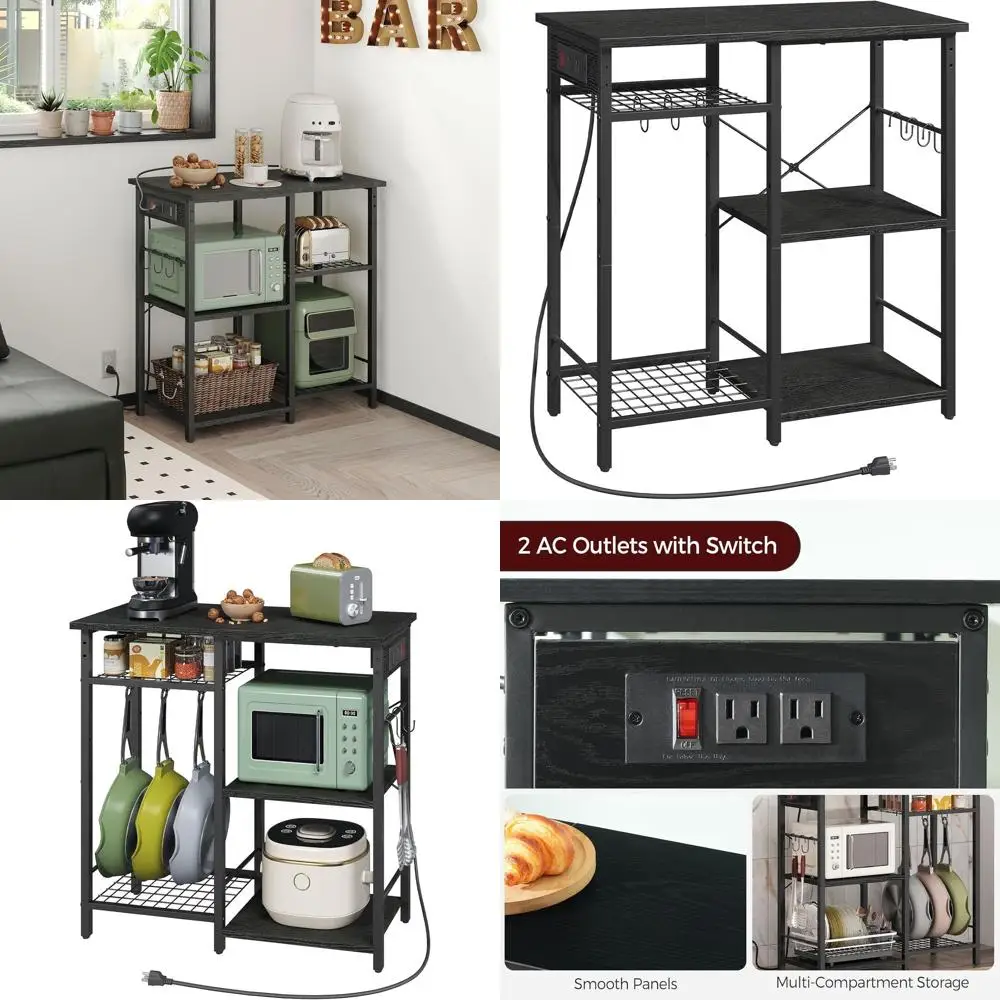 حل تخزين المطبخ: رف خباز معدني أسود مع مخرج طاقة وحامل ميكروويف ورف قابل للتعديل وبار القهوة ورف الأواني
