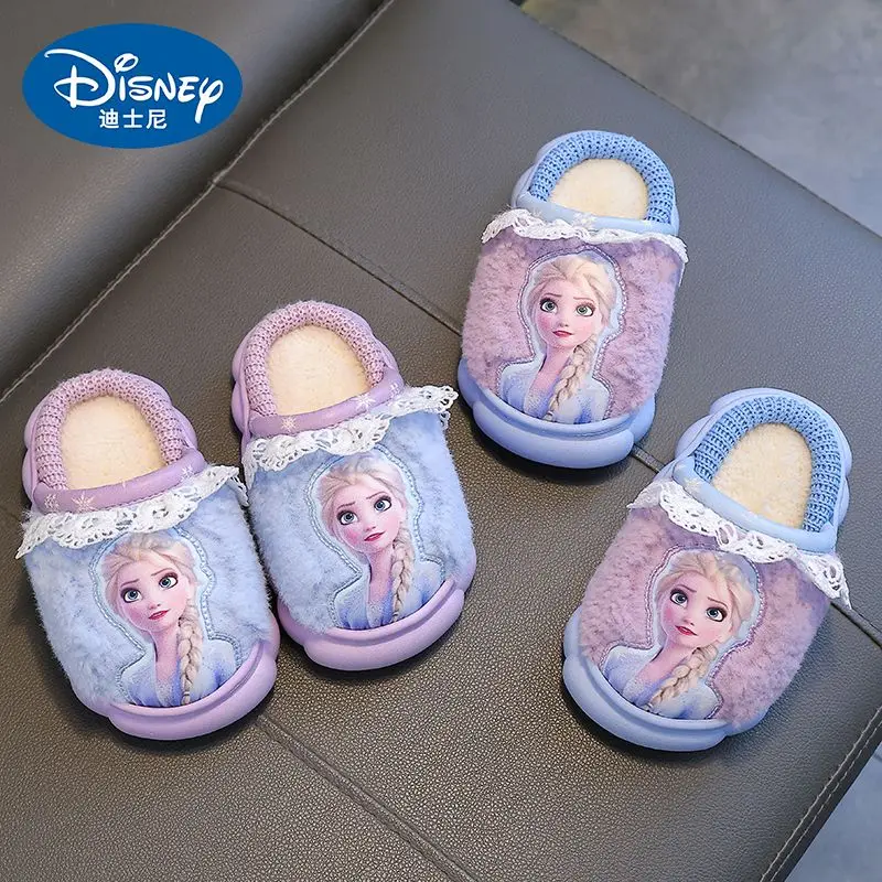 Disney Princess Elsa Frozen Slippers for Girls in Autumn Winter Indoor Warmth Non slip Children\'s Plush Cotton Blue Purple Shoes