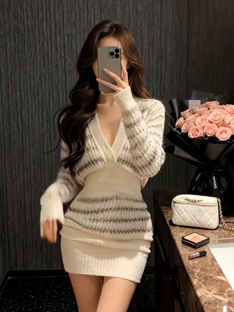 

Strive Umei Micro plus Size Women's Autumn Winter Knitted Stripe Sweater Dress Casual City Commute Date Party Wear High Waist