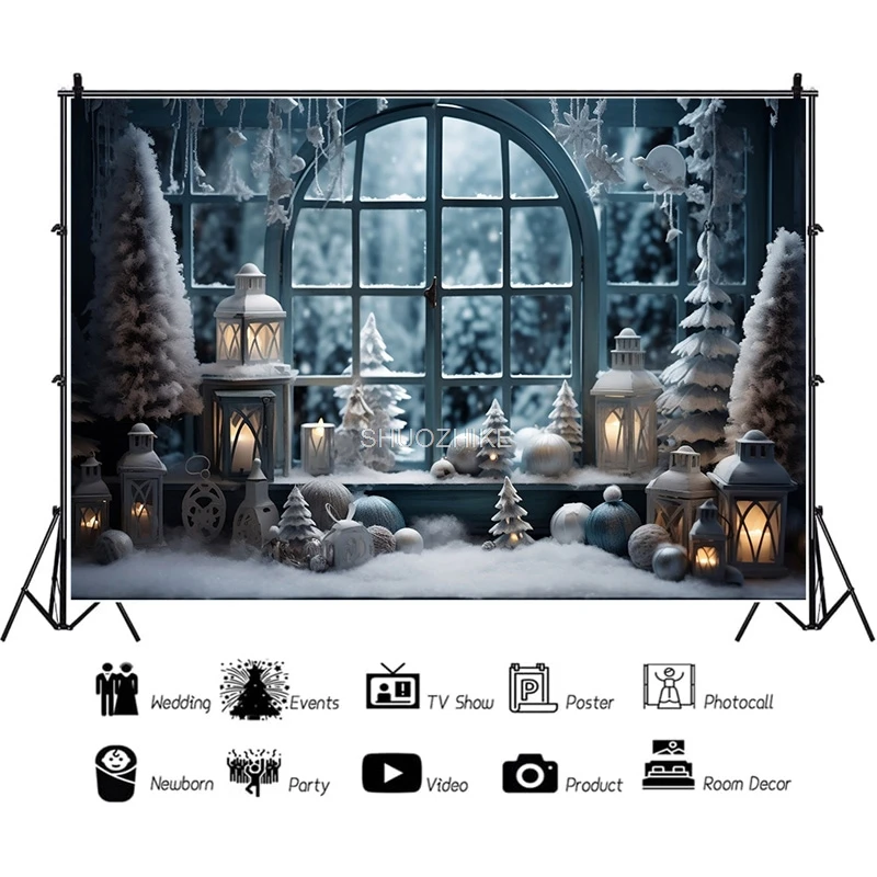 

SHUOZHIKE Christmas Tree Window Candy Photography Backdrop Wooden Doors Snowman Cinema Pine New Year Background Prop LA-31