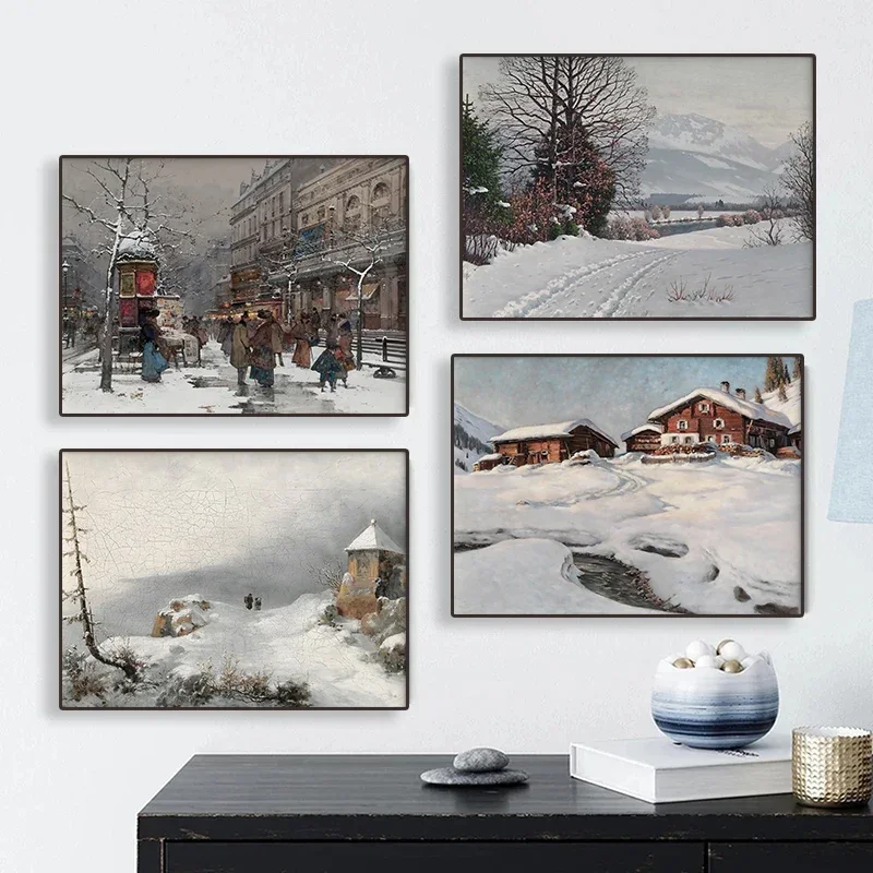 Snow Covered Mountains Forests Rural Urban Winter Landscape Art Poster Canvas Painting Wall Prints Picture Christmas Home Decor