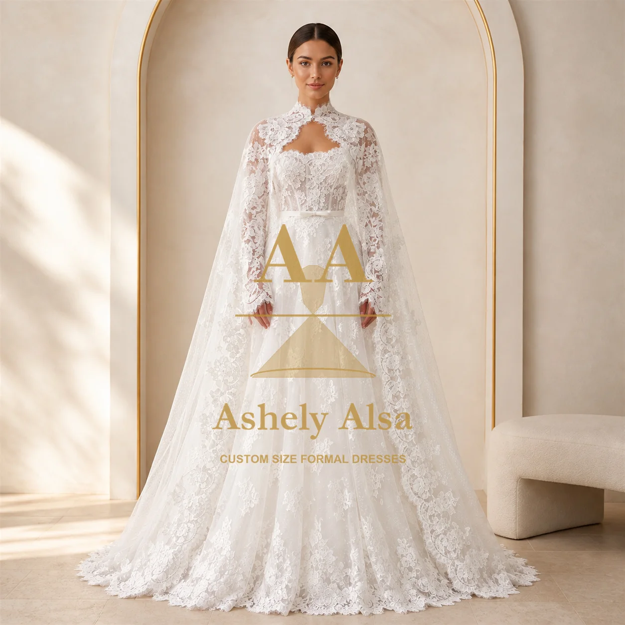 White Wedding Dress High Neck Lace Long Sleeve Bridal Gown with Cape Wedding Ceremony Bridal Gown Made to Measure Custom Size