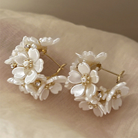 Yupsk Elegant White Shell Flower Drop Earrings Shiny Rhinestone Pearl Wedding Charm Circle Hoop Earring for Women