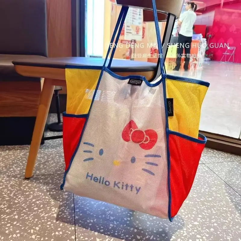 

Hello Kitty Mesh Handbag Cartoon Cute Contrasting Color Single Shoulder Large Capacity Folding Shopping Bag Beach Bag