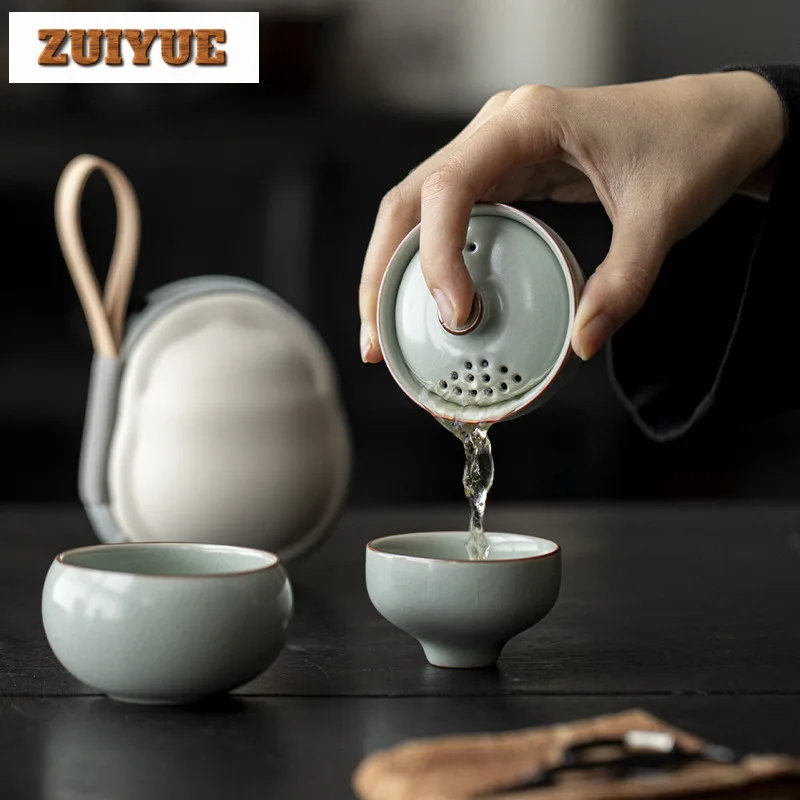 Ru Kiln Travel Tea Set Kit Zen Set Of Cups 1 Pot 2 Cups Household Tea Brewing Organizer Portable Camping Handbag For Tea Craft