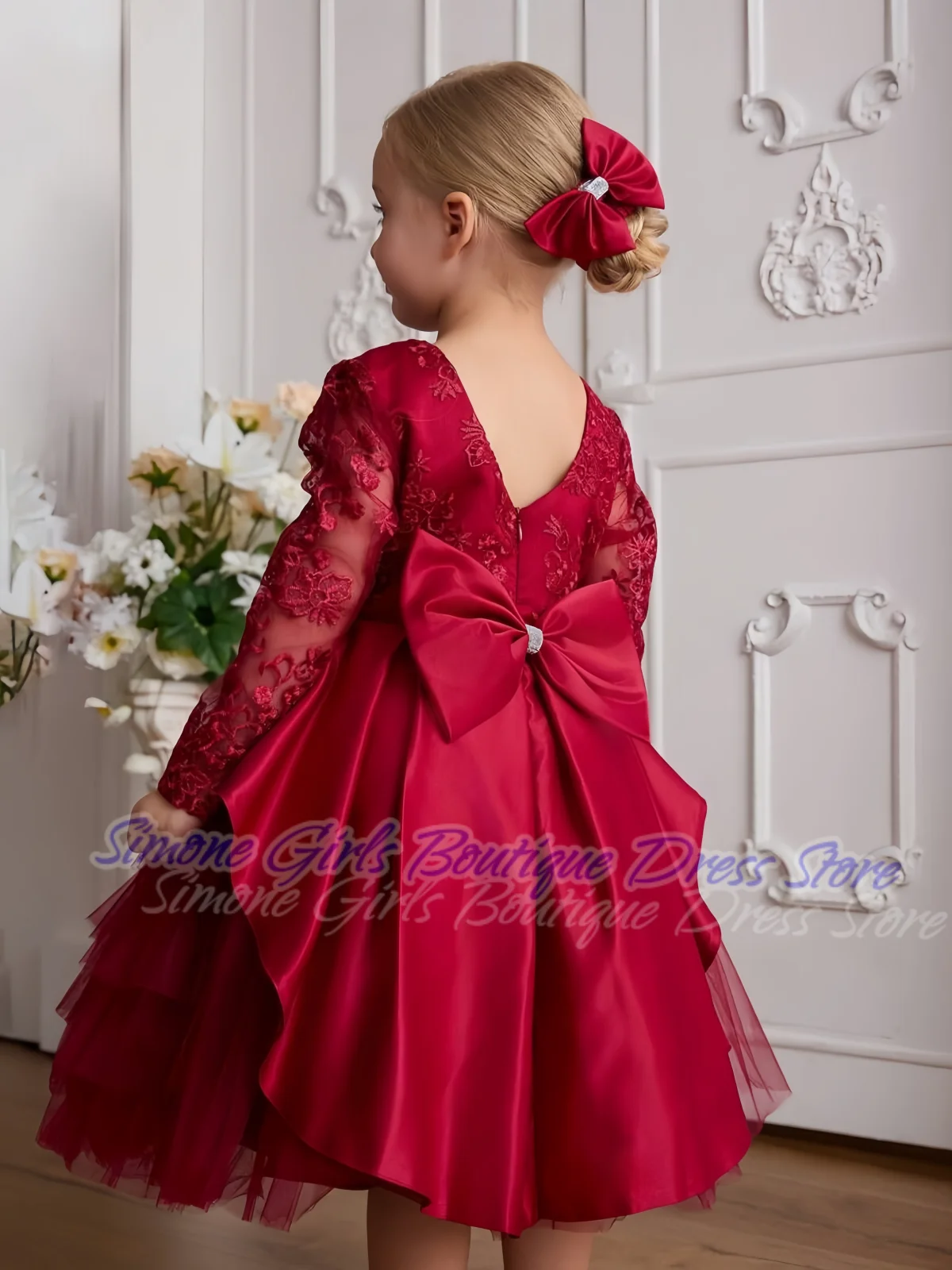 فساتين فتاة الزهور بأكمام طويلة وربطة عنق مطرزة بالدانتيل وأكمام طويلة للاستقبال الرسمي والاحتفالات والعطلات