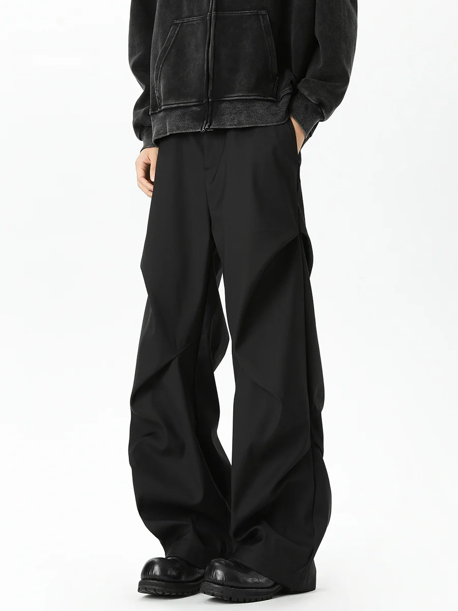 

American Retro Pleated Bla Men's Straight Leg Wide Leg Pants Cleanfit High Waist Casual Trousers Autumn Season Polyester Fiber