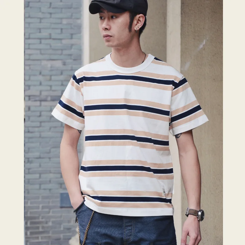Ami Kaji Pure Cotton Round Neck American Retro Casual Versatile Horizontal Striped Short Sleeve T Summer Cotton